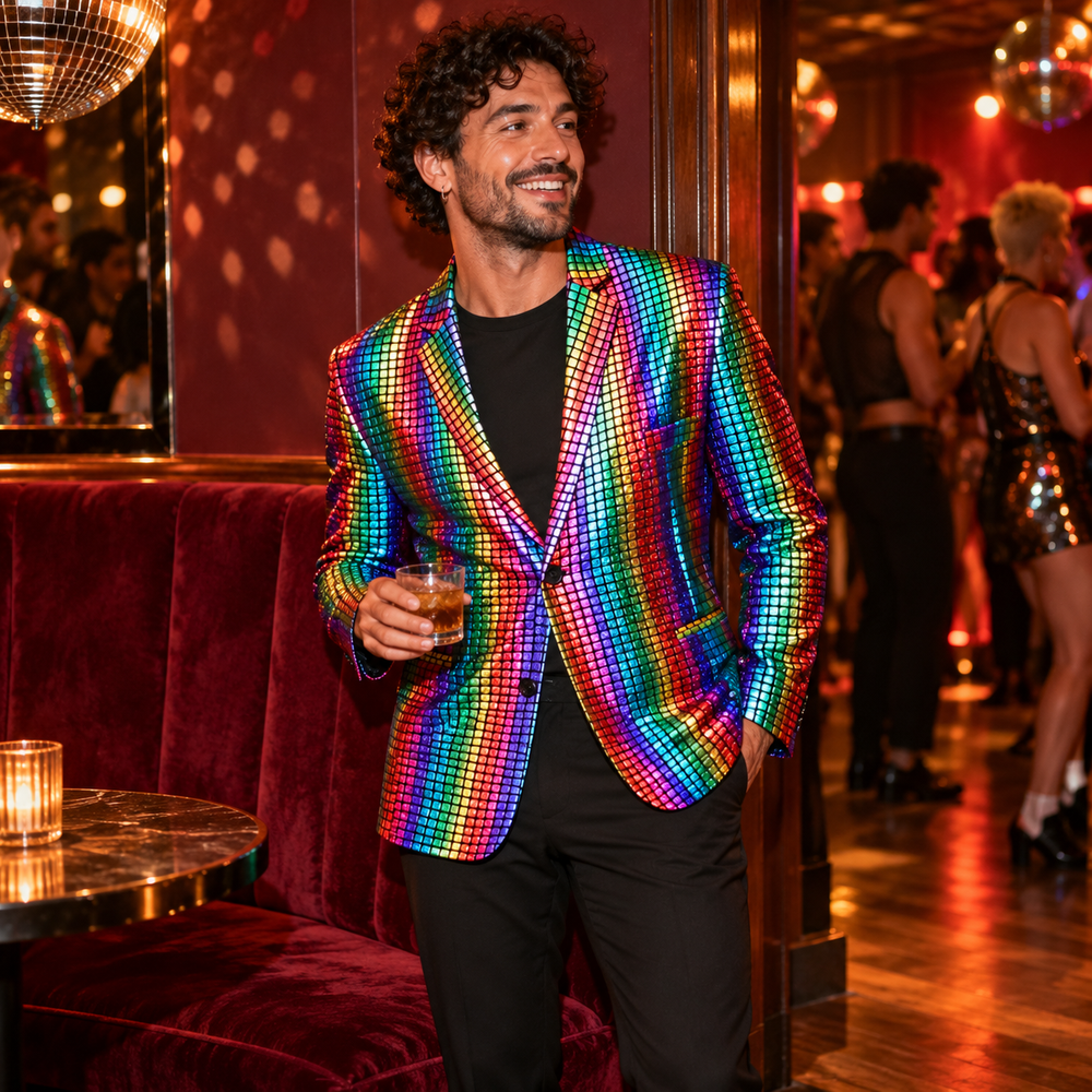 Metallic Rainbow Men's Semi-Formal Blazer in Coat, photographed for DISCO FEVER.