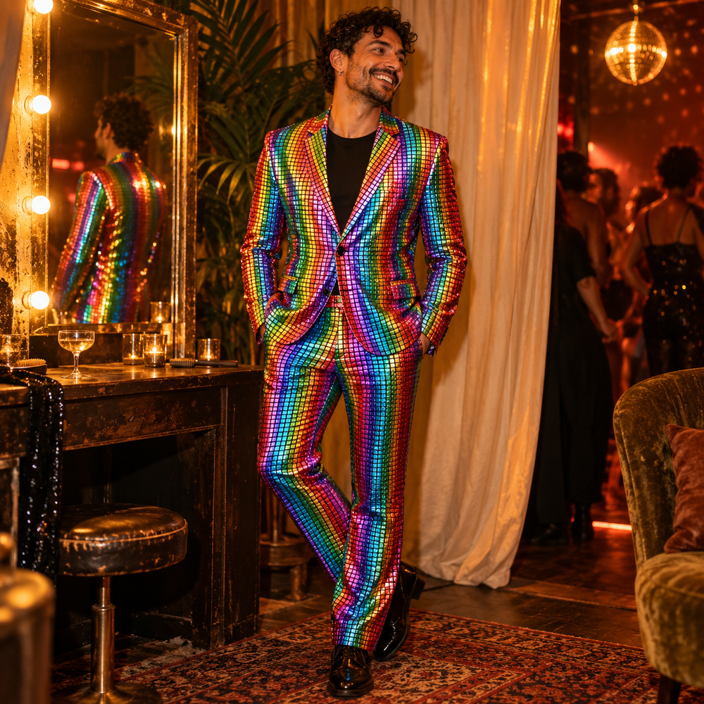 Metallic Rainbow Men's Semi-Formal Blazer in Coat + Pants, photographed for DISCO FEVER.
