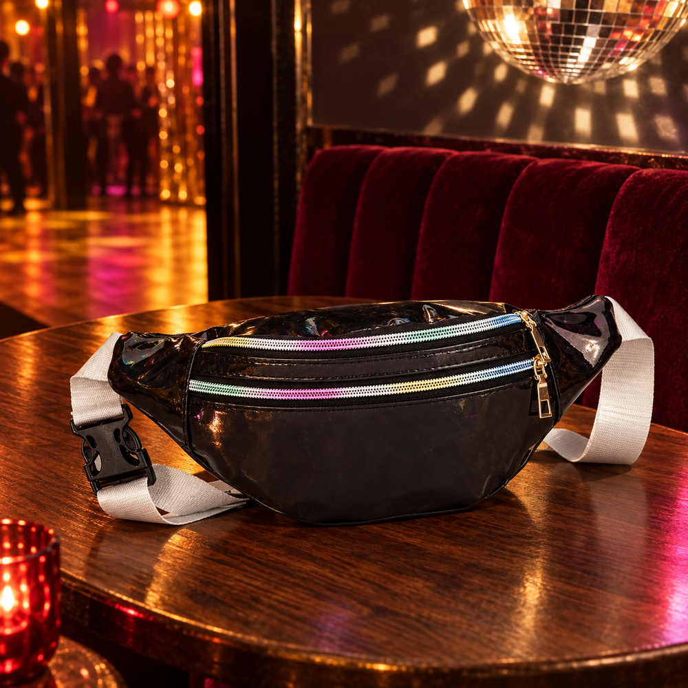 Shimmer Fanny Pack in Black, photographed for DISCO FEVER.