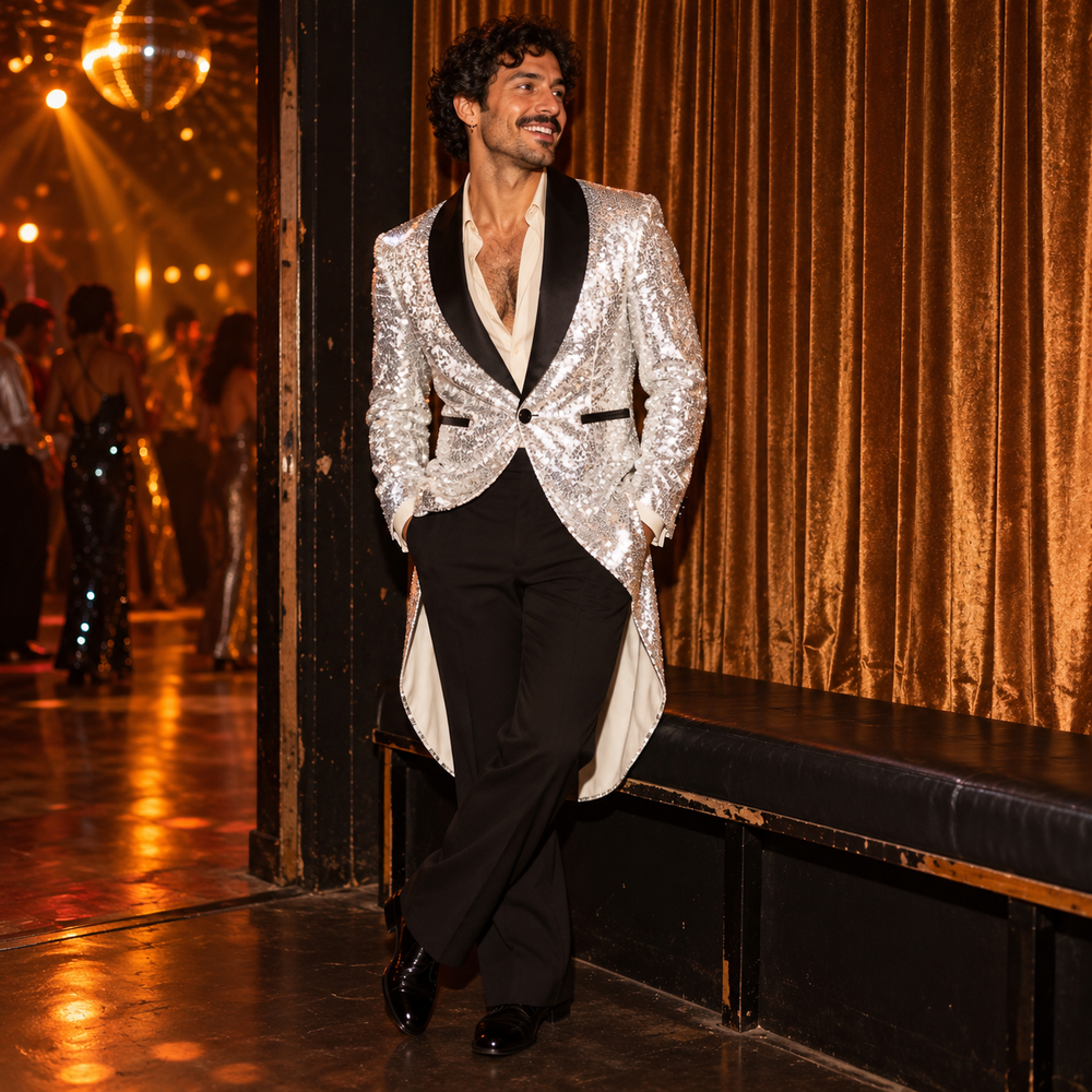 Shiny Rainbow Sequin Tuxedo Jacket in Platinum, photographed for DISCO FEVER.