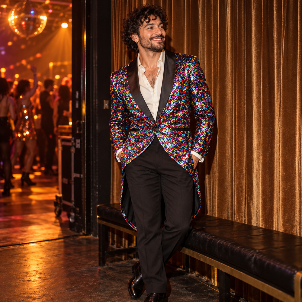Shiny Rainbow Sequin Tuxedo Jacket in Prism, photographed for DISCO FEVER.