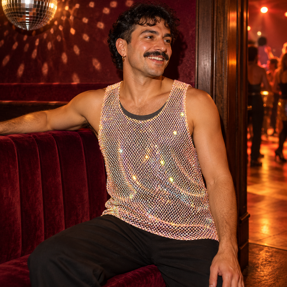 Studio 54 Mesh Shimmer Tank Top in Pink, photographed for DISCO FEVER.