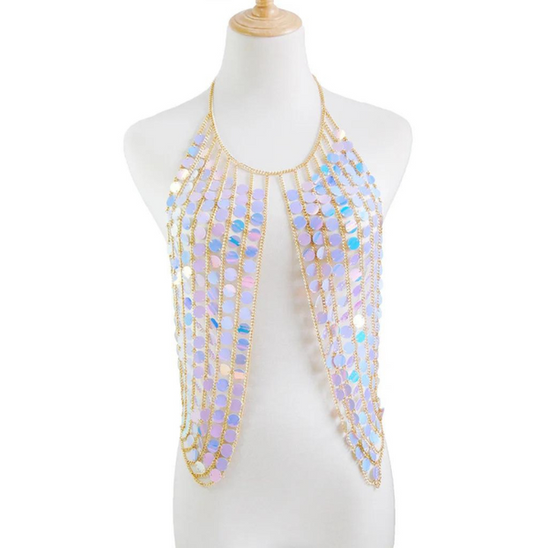 Front view of a gold chain harness with cascading iridescent sequin strands on a mannequin