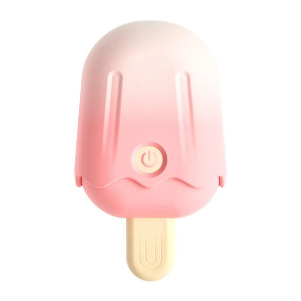 Discreet Bedside Ice Cream Clitoris Vibrator: pink ice-cream-shaped device with a pale stick handle and circular power button.
