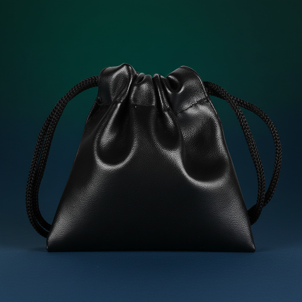 Discreet Leather Storage Bag made of shiny, smooth leather with gathered top and two black cord handles