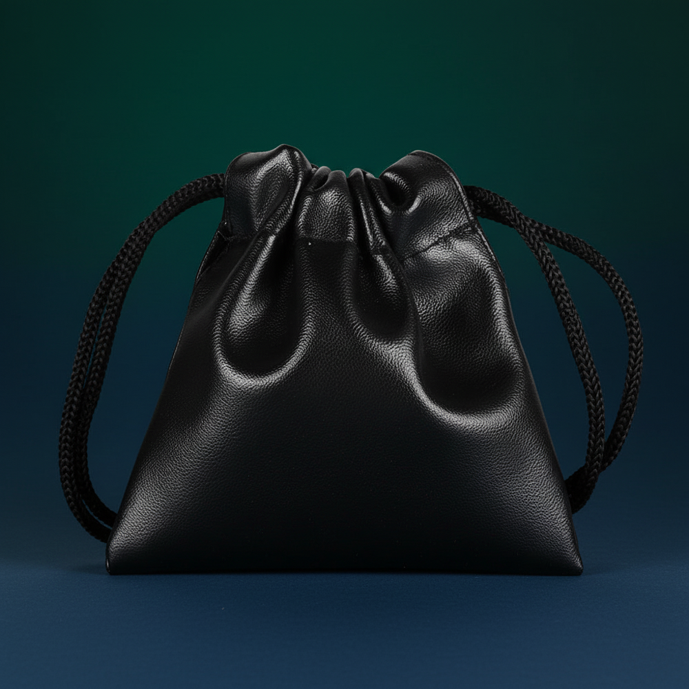 Discreet Leather Storage Bag made of shiny, smooth leather with gathered top and two black cord handles