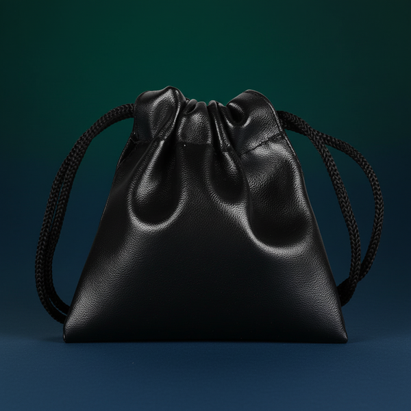 Discreet Leather Storage Bag made of shiny, smooth leather with gathered top and two black cord handles