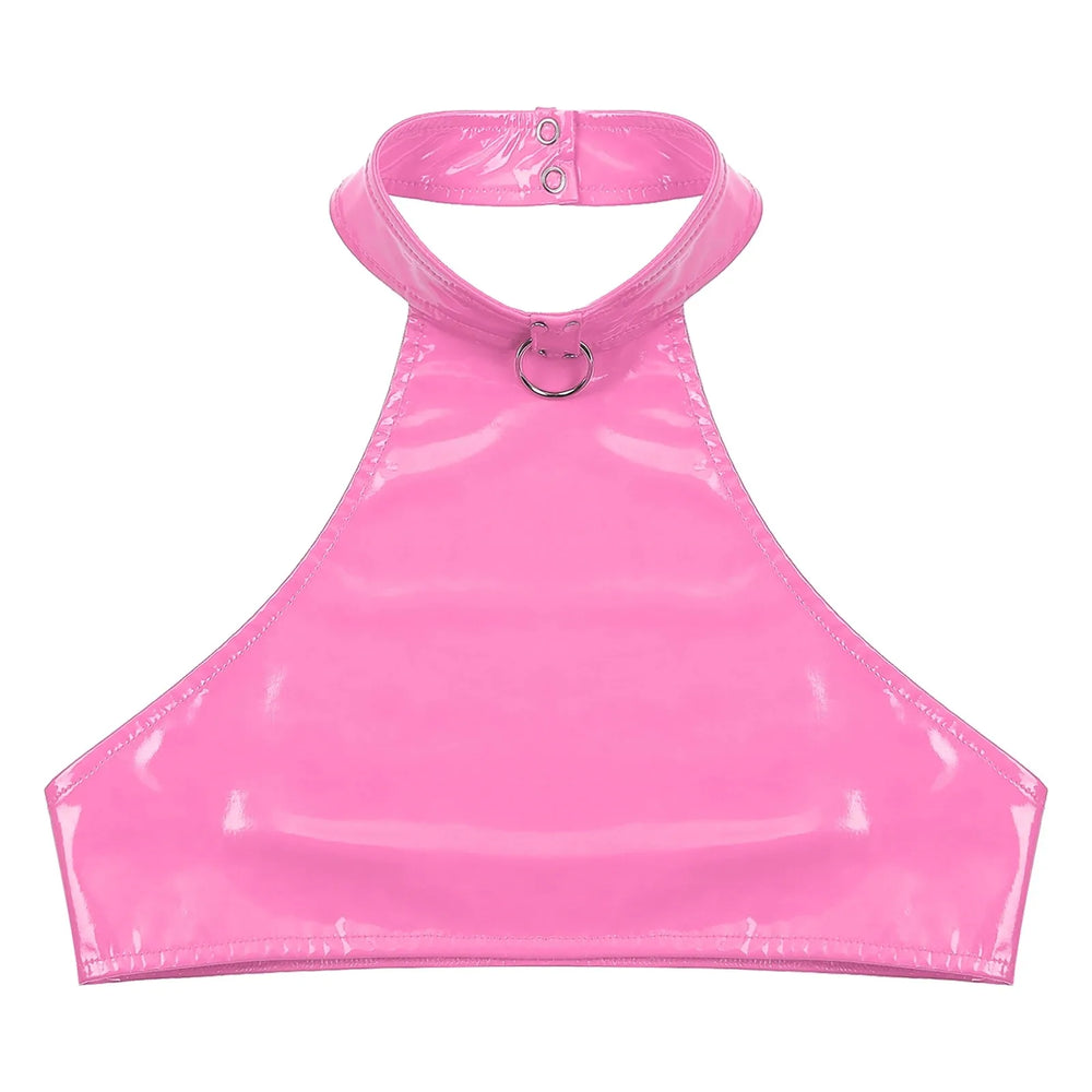 Flat-lay front view of a glossy pink halter crop top with a central metal O-ring
