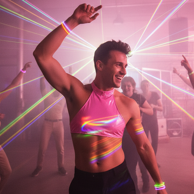 Smiling person dancing in a shiny pink halter crop top under colorful laser lights