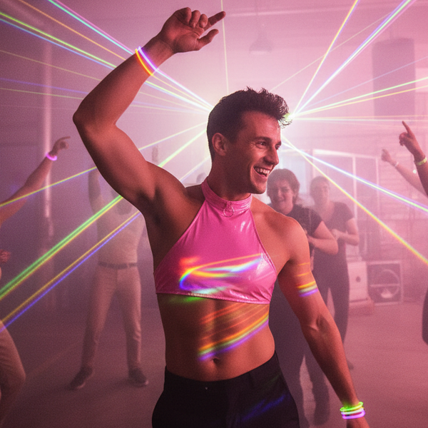 Smiling person dancing in a shiny pink halter crop top under colorful laser lights