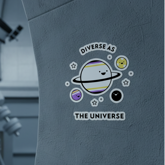 Bubble-Free sticker showing cute cartoon planets—one with the non-binary flag—smiling among stars