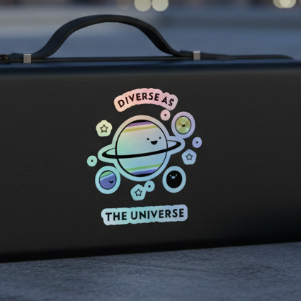 Holographic vinyl sticker on black, shows a smiling ringed planet with stars