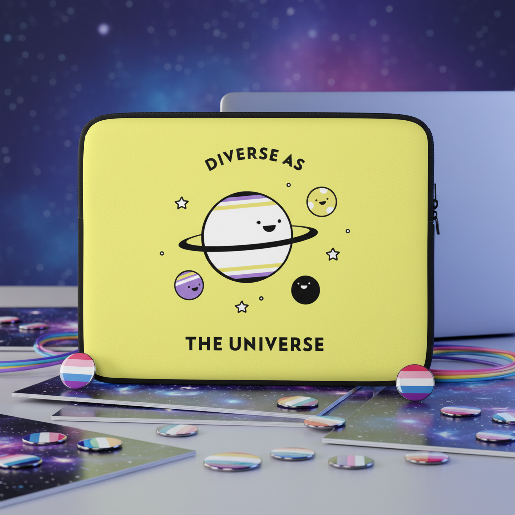 Laptop sleeve with a bright yellow background, smiling cartoon planets