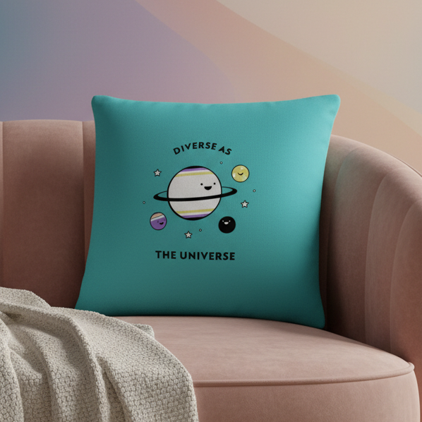Diverse As The Universe Pillow with smiling planets in nonbinary pride colors and "Diverse as the universe" on pink sofa