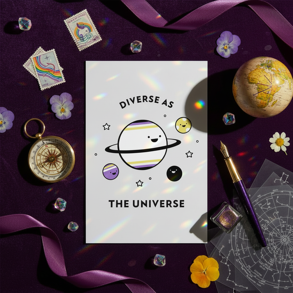 Postcard on purple features smiling planets, stars, stamps, globe, ribbon, flowers, crystals