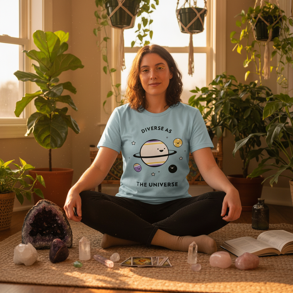 Seated person wearing a light blue T-shirt reading “DIVERSE AS THE UNIVERSE,” with cartoon planets