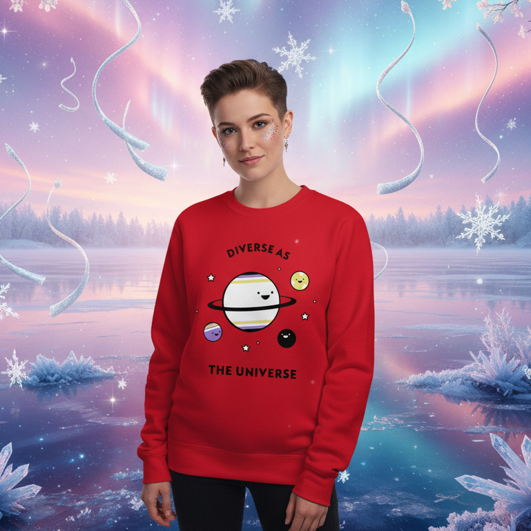 Person wearing a red sweatshirt reading “DIVERSE AS THE UNIVERSE,” with cartoon planets