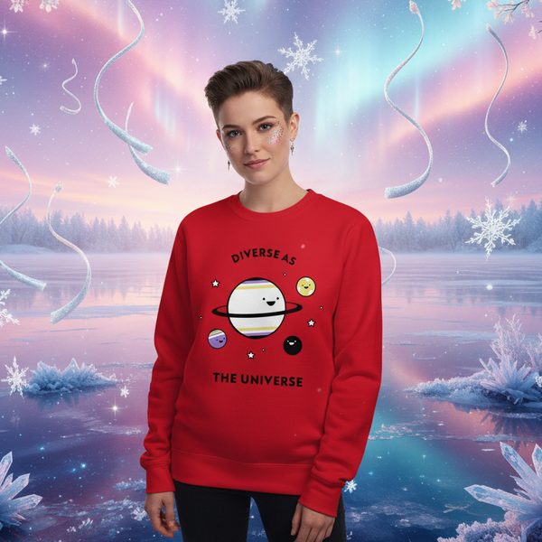 Person wearing a red sweatshirt reading “DIVERSE AS THE UNIVERSE,” with cartoon planets
