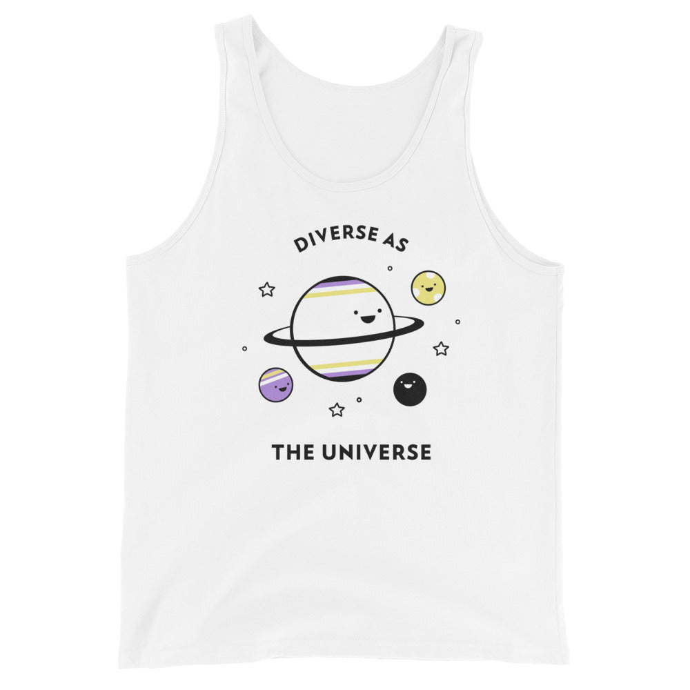Unisex tank top with cartoon smiling planets, stars, and colorful ringed planet