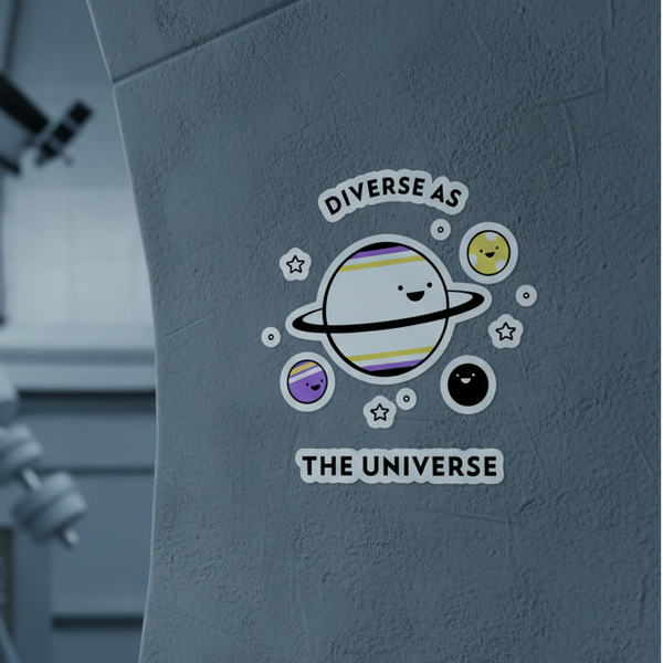 Bubble-Free sticker showing cute cartoon planets—one with the non-binary flag—smiling among stars