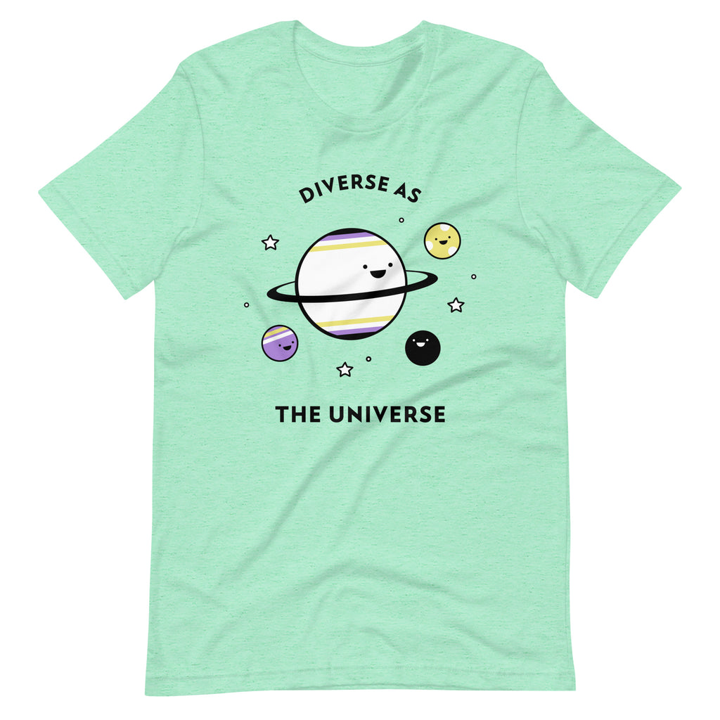 Mint green T-shirt with “DIVERSE AS THE UNIVERSE” text and smiling planets