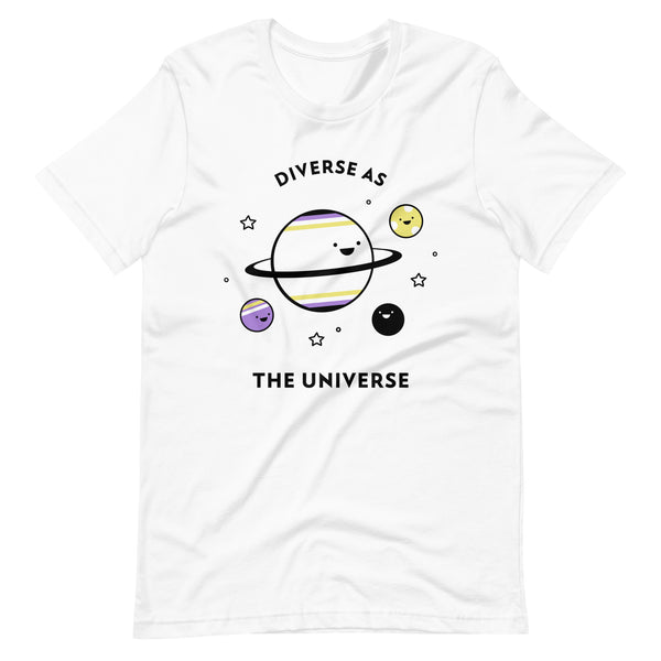 Front view of a white T-shirt reading “DIVERSE AS THE UNIVERSE” with smiling planets