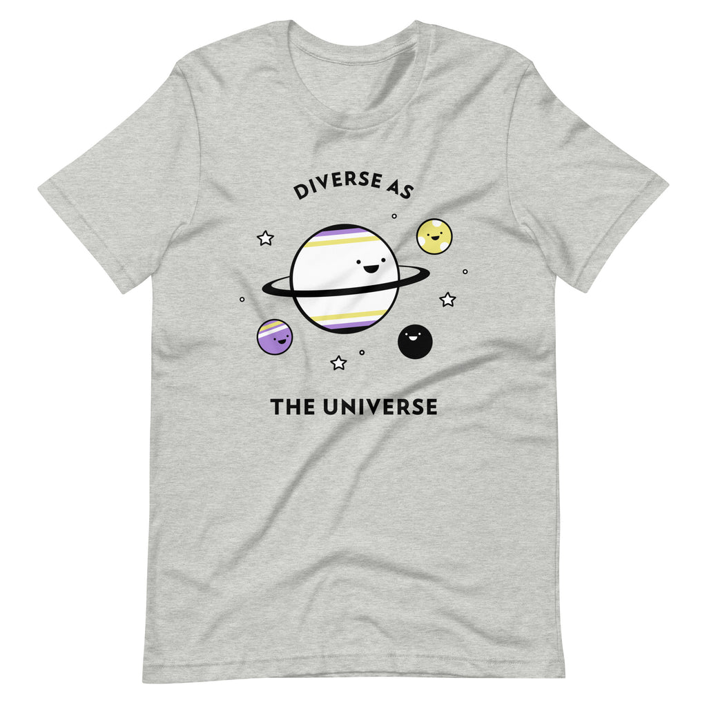 Flat-lay gray T-shirt reading “DIVERSE AS THE UNIVERSE,” with smiling planets and stars
