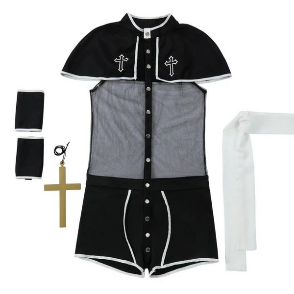 Flat lay of a black-and-gray priest costume with cape, crosses, gold cross necklace, cuffs, and white stole