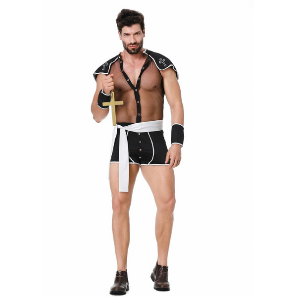 Front-facing model wearing a black priest costume with capelets, shorts, and a gold cross