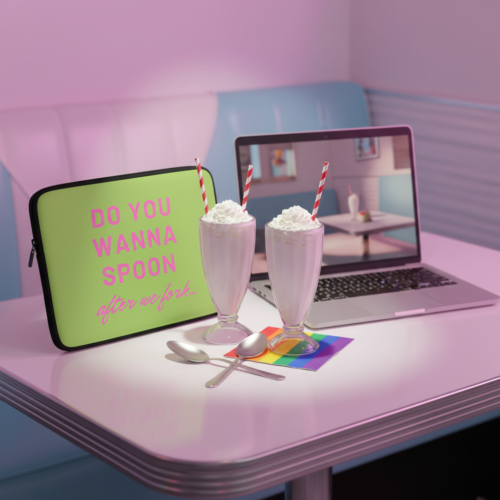 Do You Wanna Spoon After We Fork laptop sleeve at a retro diner booth