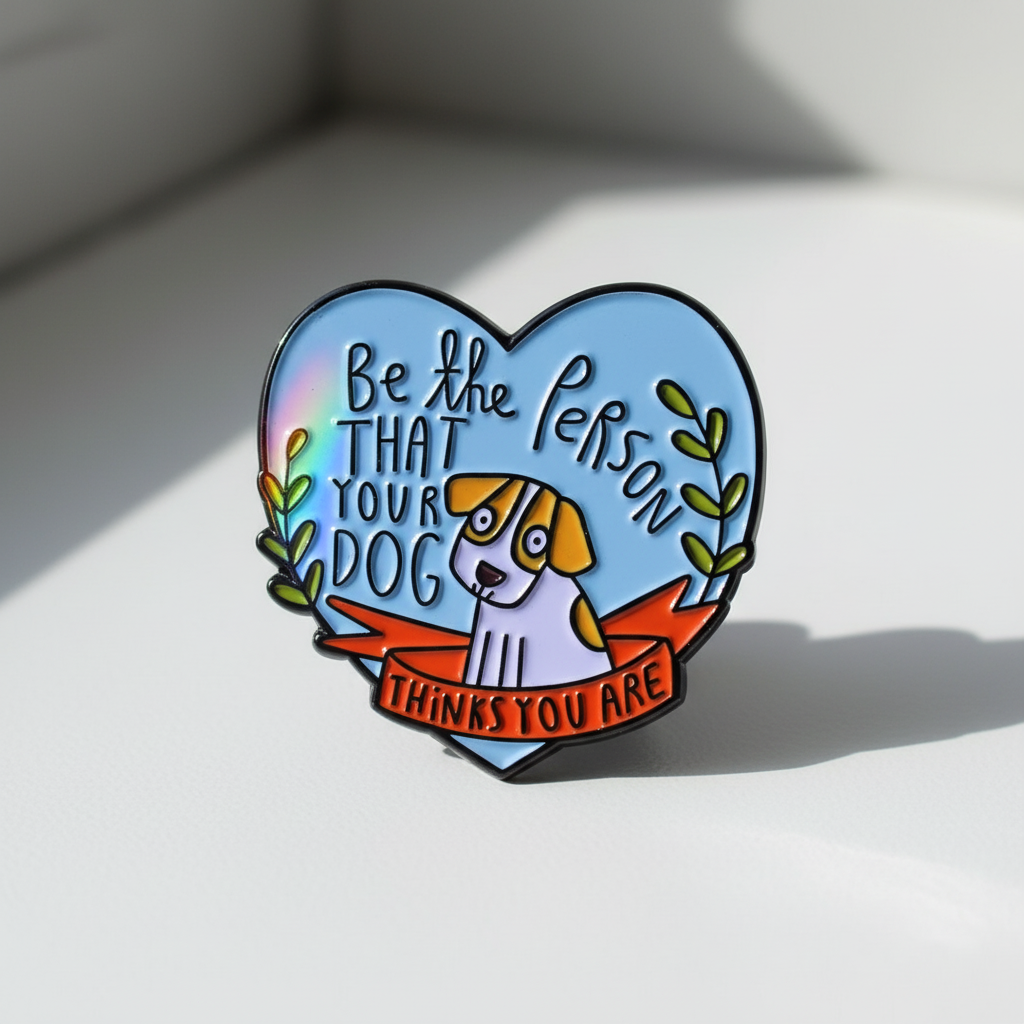 Heart-shaped enamel pin reading “Be the person that your dog thinks you are,” with a dog illustration
