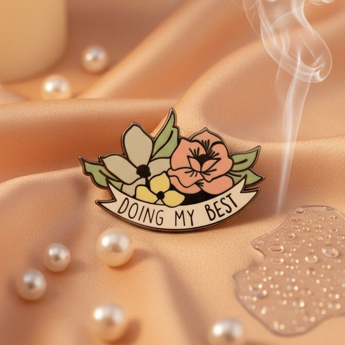 Floral enamel pin reading “DOING MY BEST” on peach satin with pearls