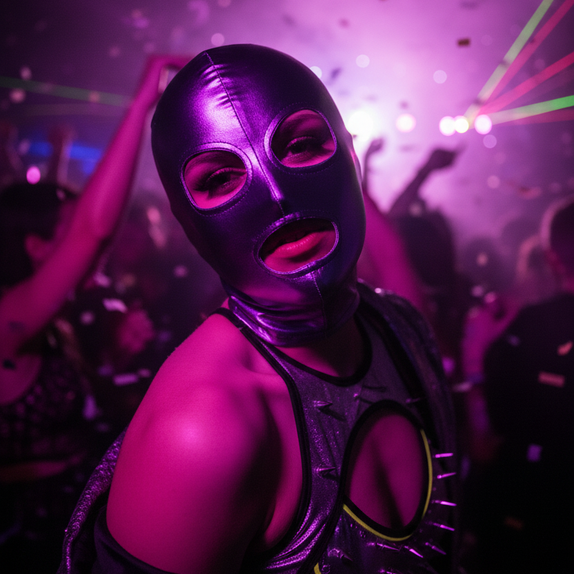 Person wearing a shiny black full-face mask with eye and mouth openings at a purple-lit party