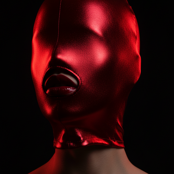 Front-facing model wearing a metallic red full-face hood with a mouth opening