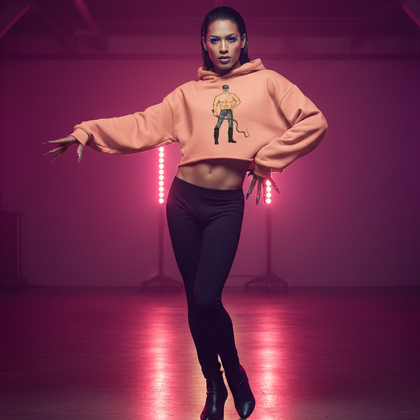 Dominant Daddy Crop Hoodie, peach with illustrated figure, worn with black leggings and boots