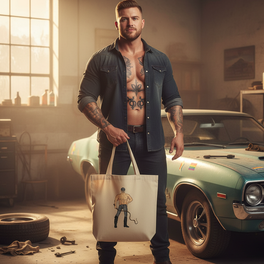 Person holding an illustrated cream tote bag in a sunlit garage beside a vintage car