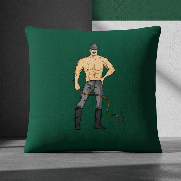 Dominant Daddy Pillow with a muscular, shirtless person in black boots, grey pants, leather cap