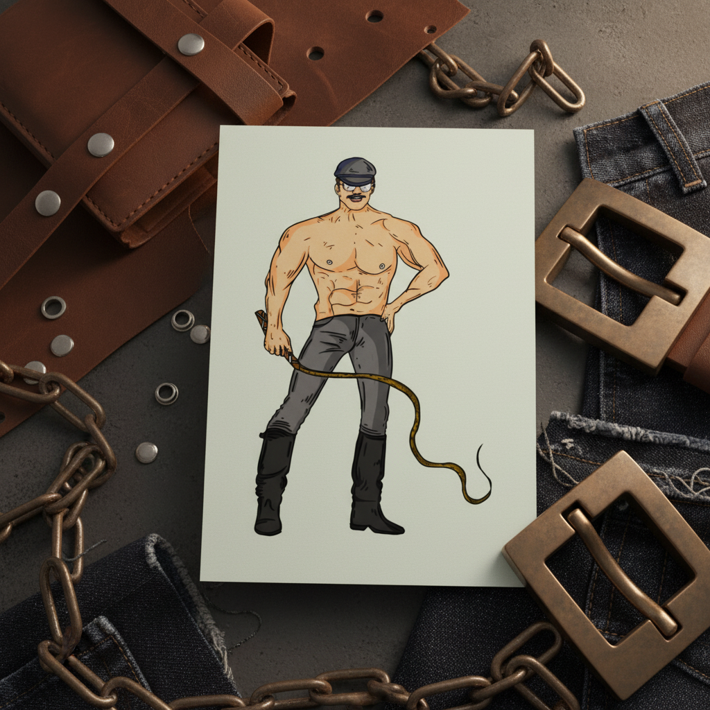 Dominant Daddy Postcard shows a muscular, shirtless person in black pants, boots, sunglasses
