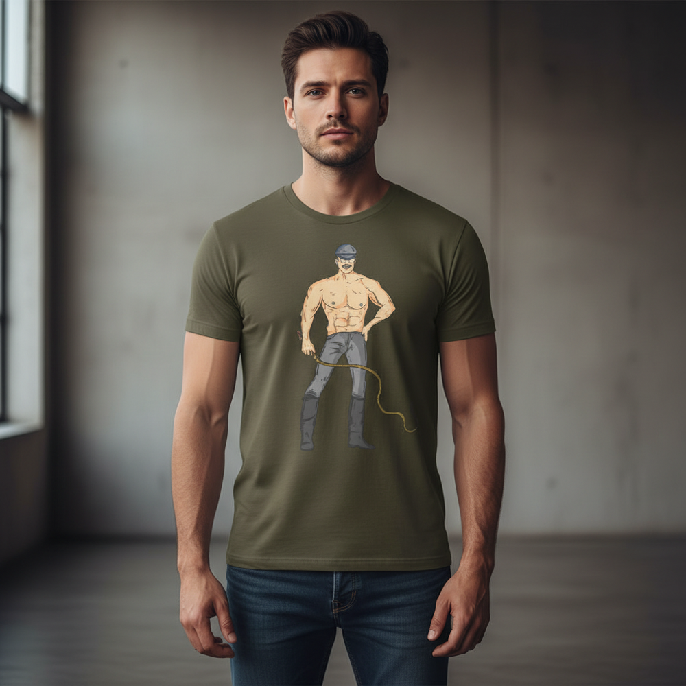 Dominant Daddy T-Shirt: soft cotton LGBT tee, shows a muscly figure in black gear, sunglasses, yellow whip