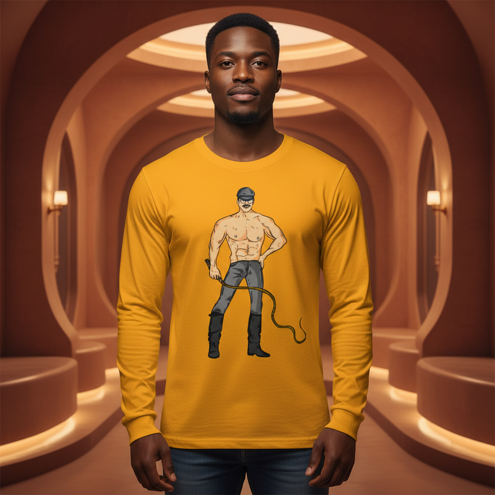 Dominant Daddy unisex mustard yellow long sleeve tee, flaunting a bold muscular figure in jeans and boots with whip