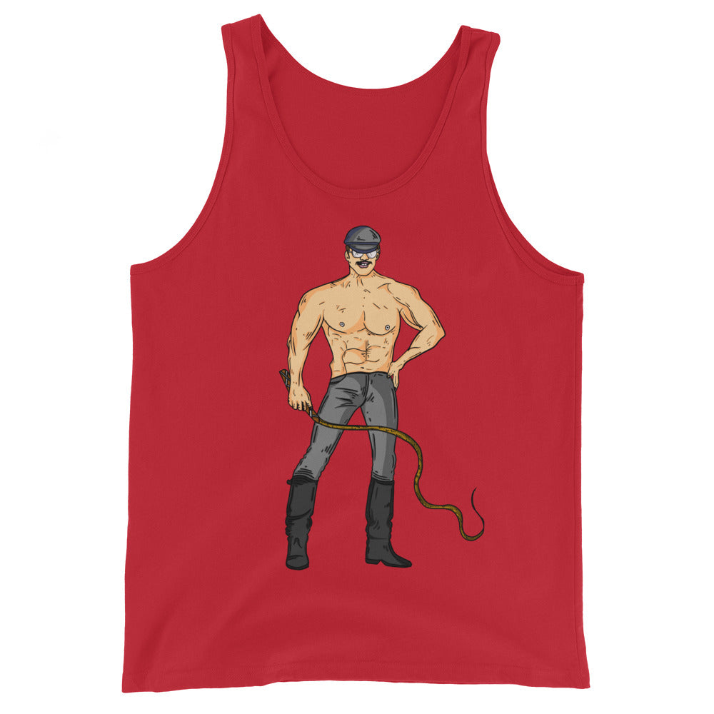 Unisex red tank with a fierce, muscular man in gray pants, black boots, gloves, cap, coiled whip; queer confident vibes.