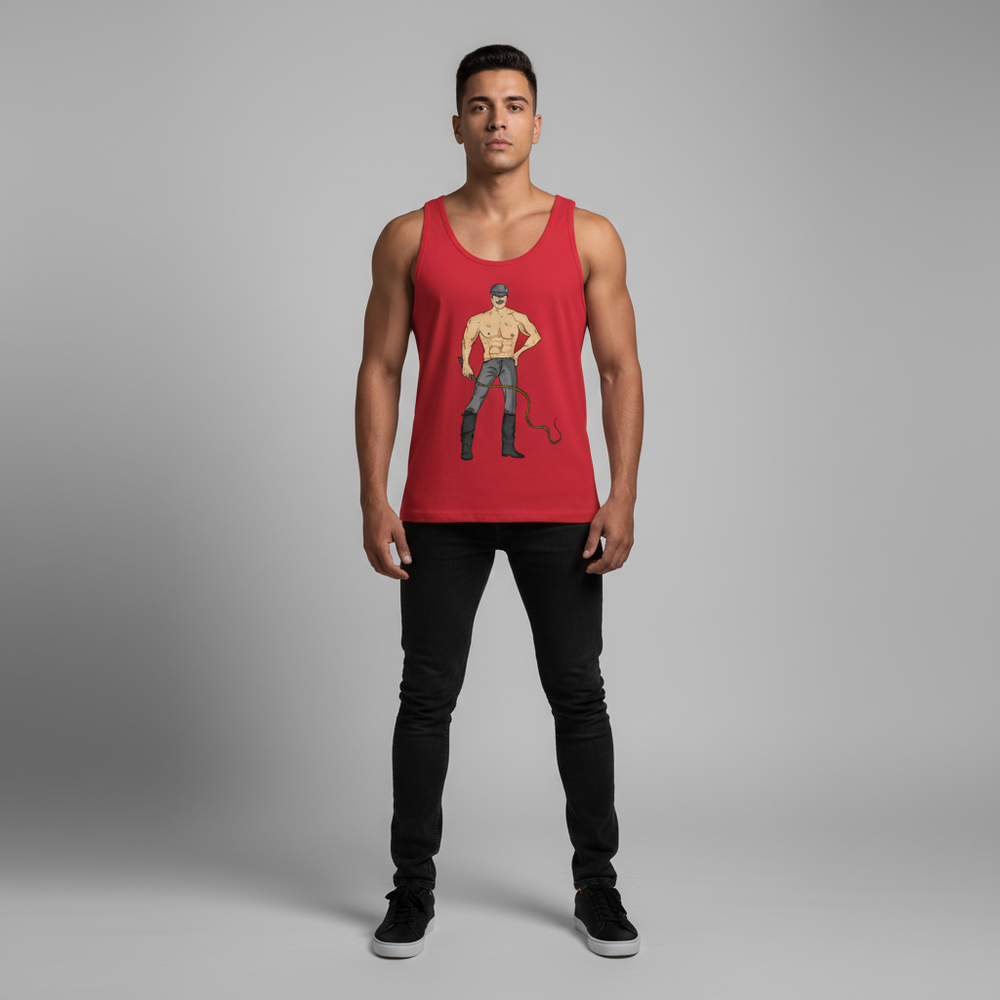 Dominant Daddy Unisex Tank Top in black, with bold graphic of a shirtless muscled person and whip; styled with black jeans