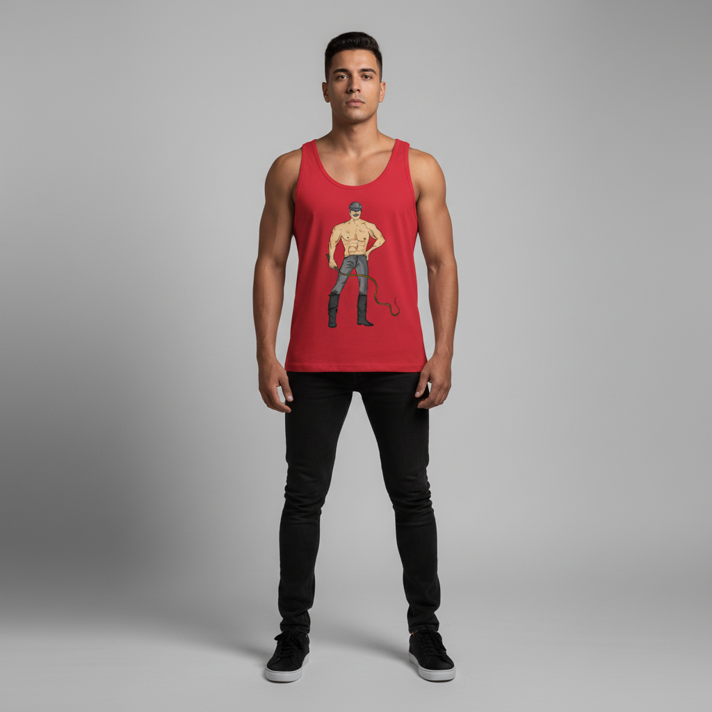 Dominant Daddy Unisex Tank Top in black, with bold graphic of a shirtless muscled person and whip; styled with black jeans