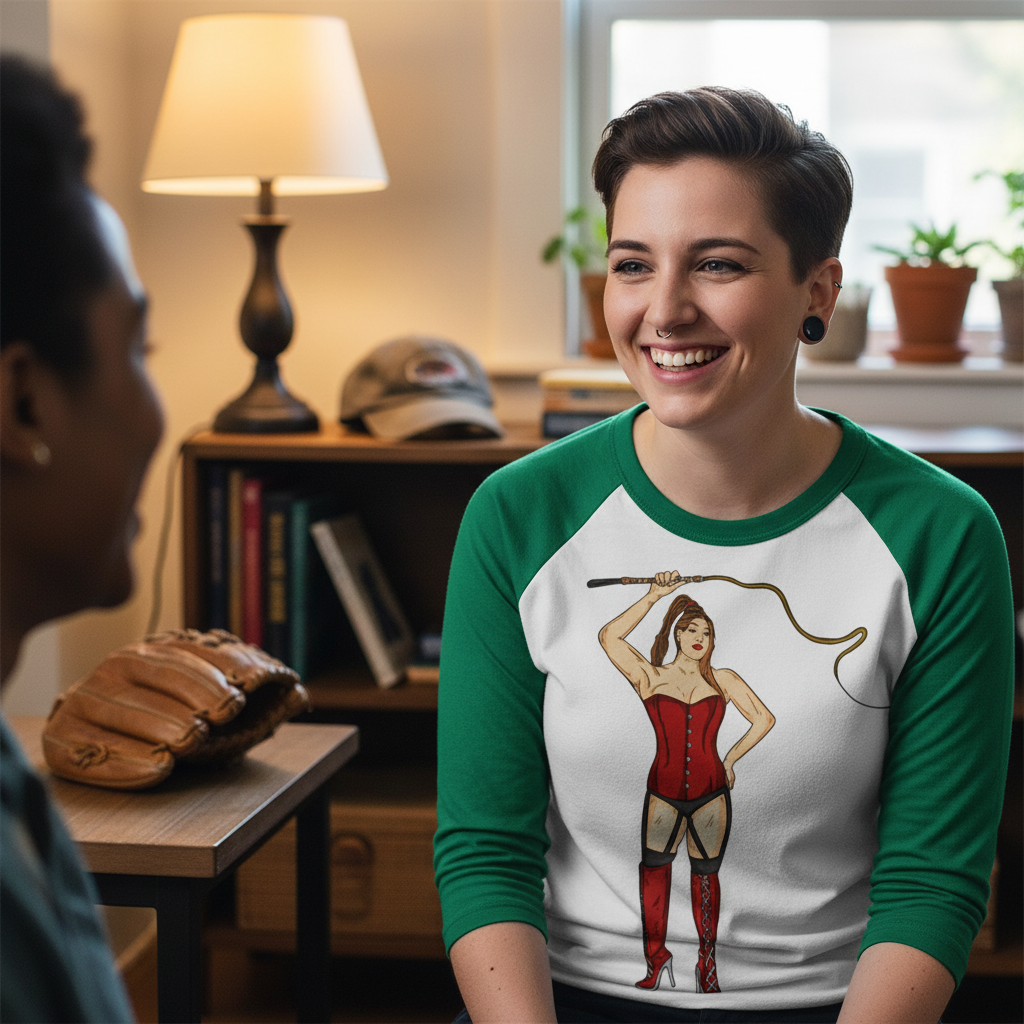 Dominatrix 3/4 Sleeve Raglan Shirt with bold art of a femme in a red corset and whip; queer cutie smiles