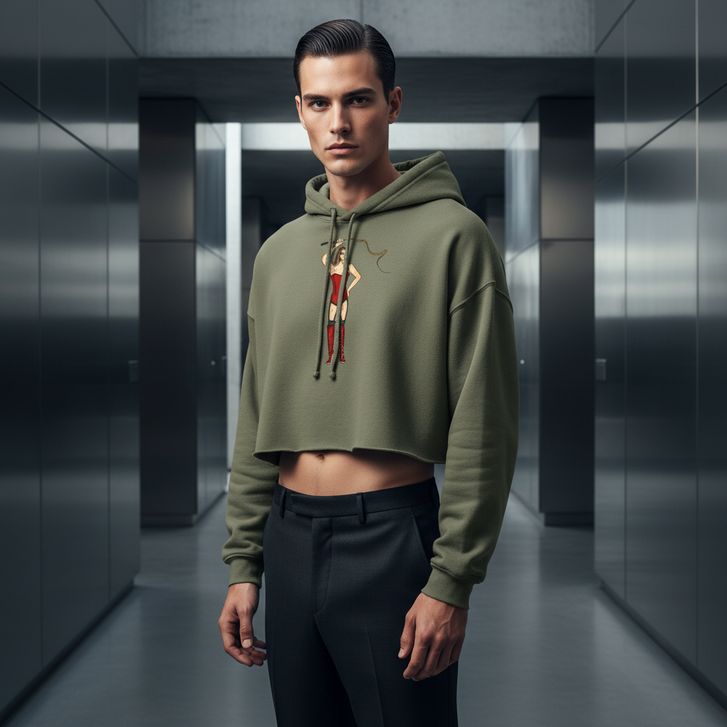 Dominatrix Crop Hoodie, olive-green with pride graphic, worn by a person in black pants
