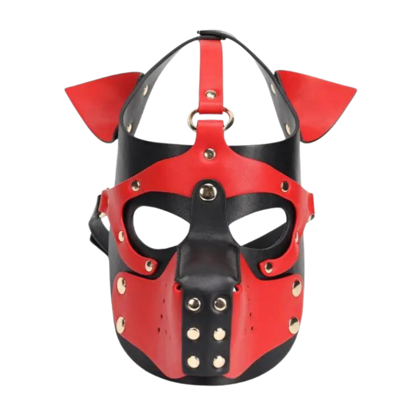 Front view of a red and black leather dog mask with pointed ears and rivets