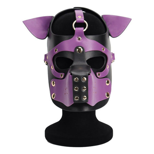 Front view of a black and purple leather-style dog mask on a display bust