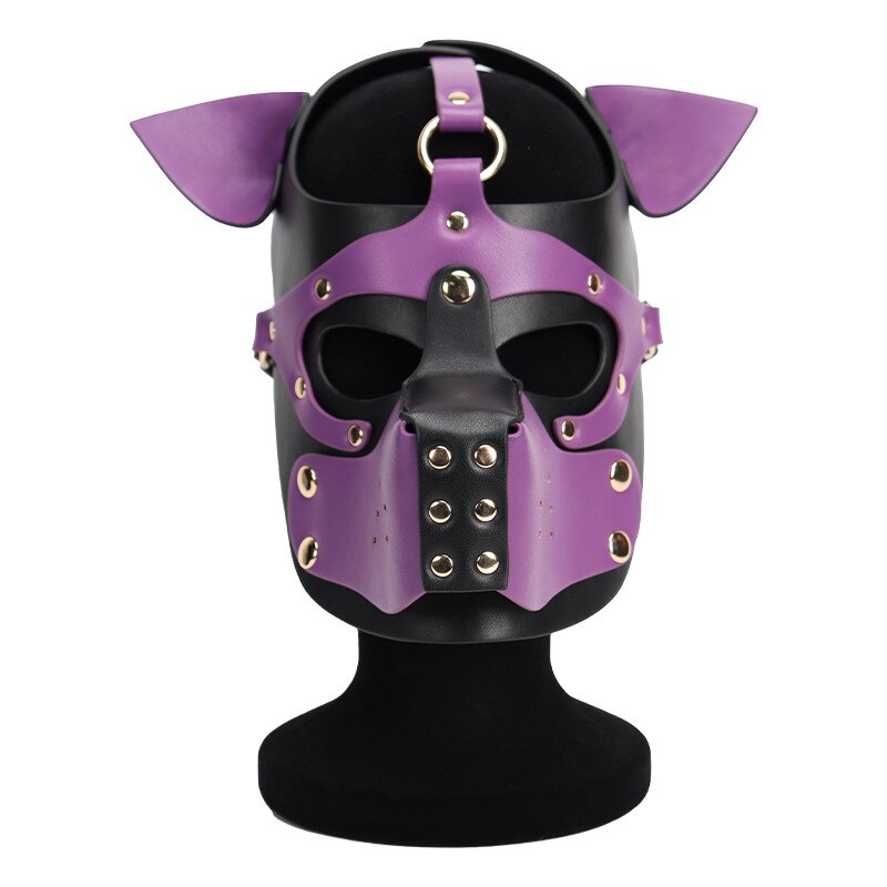 Front view of a black and purple leather-style dog mask on a display bust