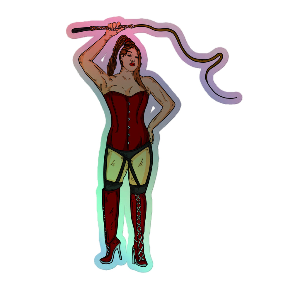 Dominatrix Holographic Stickers: Illustrated person in a dominatrix outfit with a whip