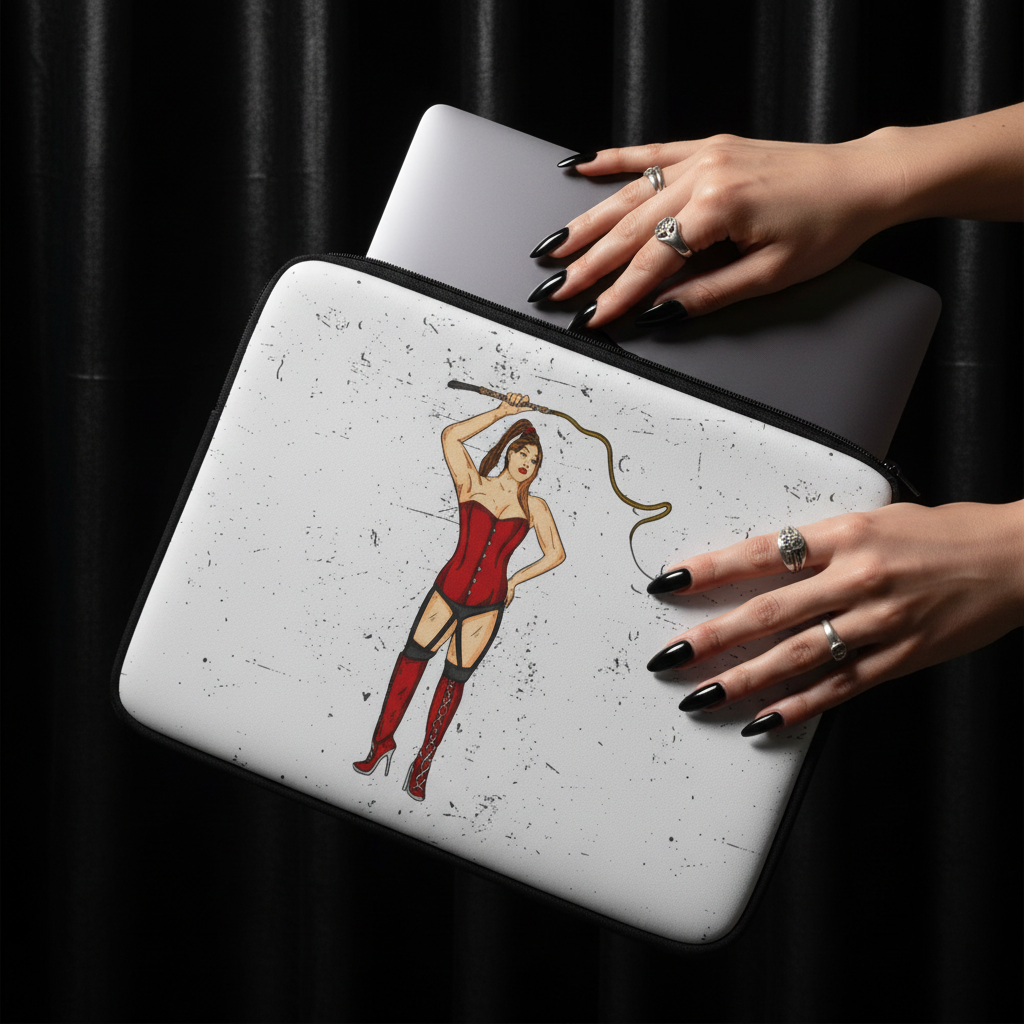Dominatrix Laptop Sleeve, distressed white, with a femme in red corset, boots, and whip